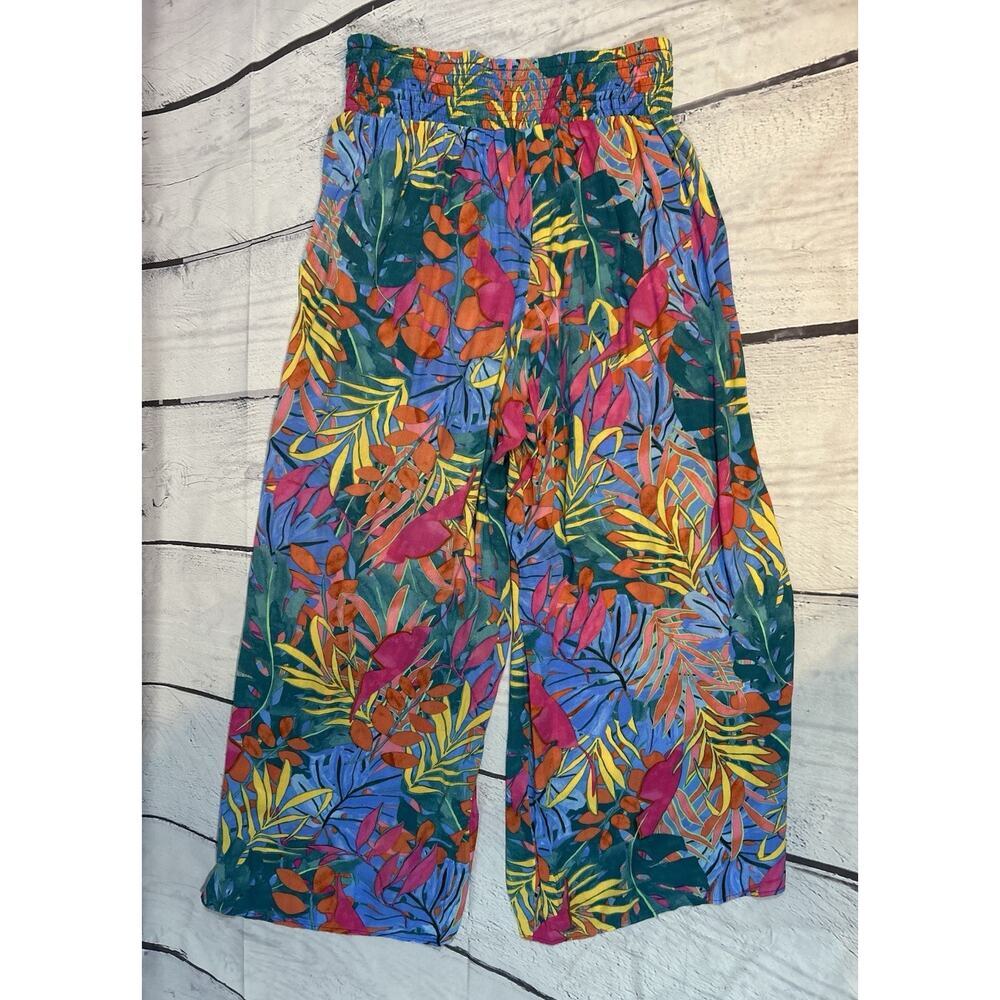 KONA SOL pink Green Orange Blue Floral Tropical Pullon Wide Leg Coverup Pants M - Picture 2 of 5